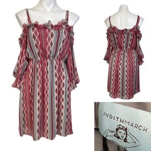Judith March dress size S/M cold-shoulder boho casual festival red multicolor